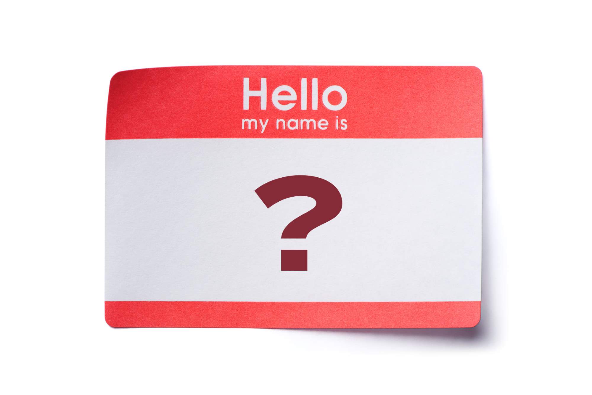 name tag with a question mark on it for a blog post about should you change name after your divorce